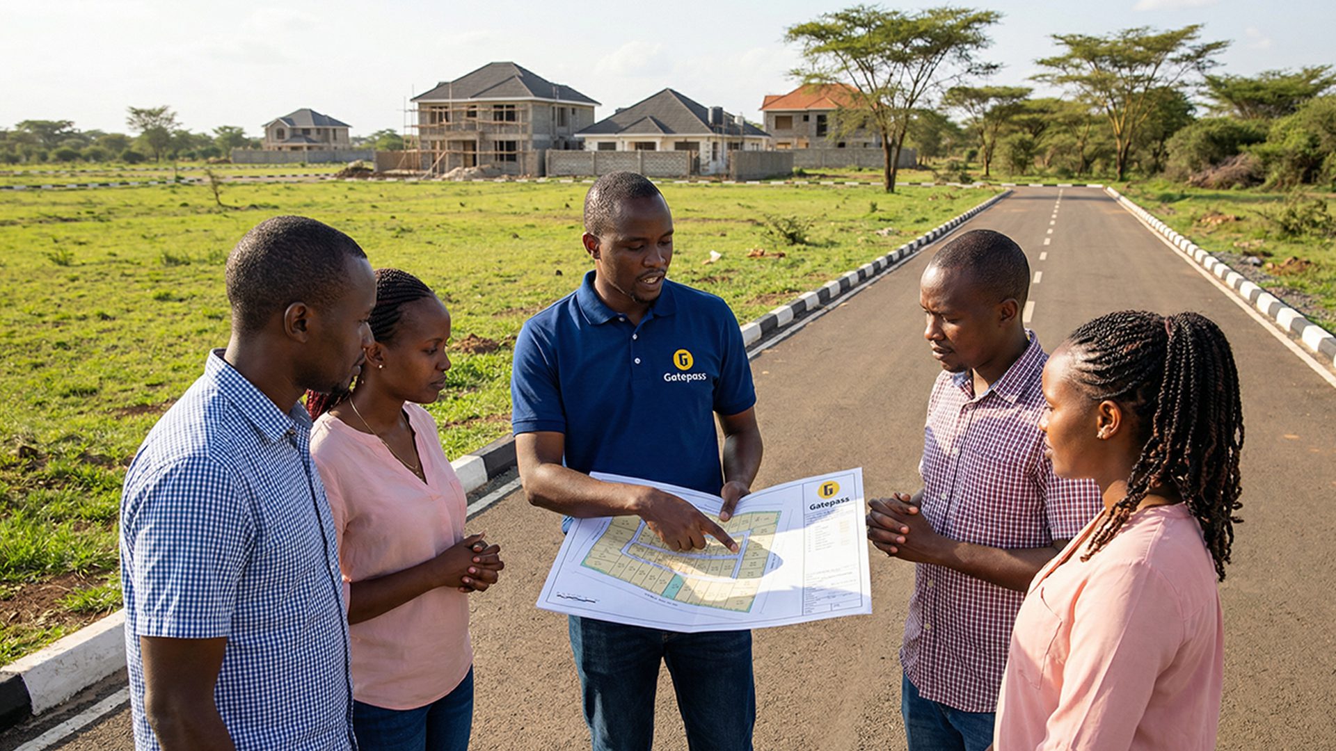 Gatepass Representative Guiding A Group Of Clients Through A Land Subdivision Map At Stonecrest Gardens, Lukenya.