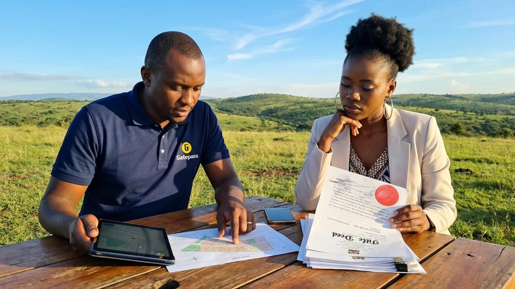 Kenyan couple reviewing land ownership documents and a tablet outdoors, comparing Gatepass land financing with traditional mortgage options in Kenya
