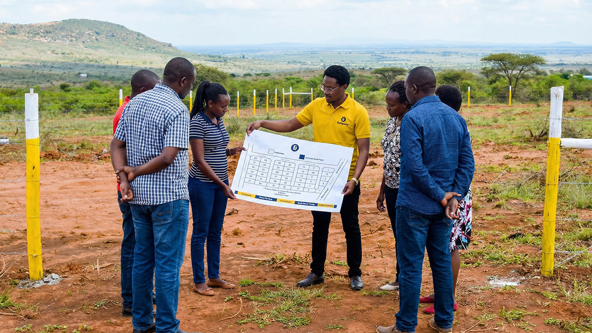 Gatepass Vs Traditional Mortgages In Kenya: The Smarter Path To Ownership 2 Gatepass Team Member Explaining A Subdivision Map To Clients At Stonecrest Gardens In Lukenya, Showing Verified Land Plots And Ownership Planning